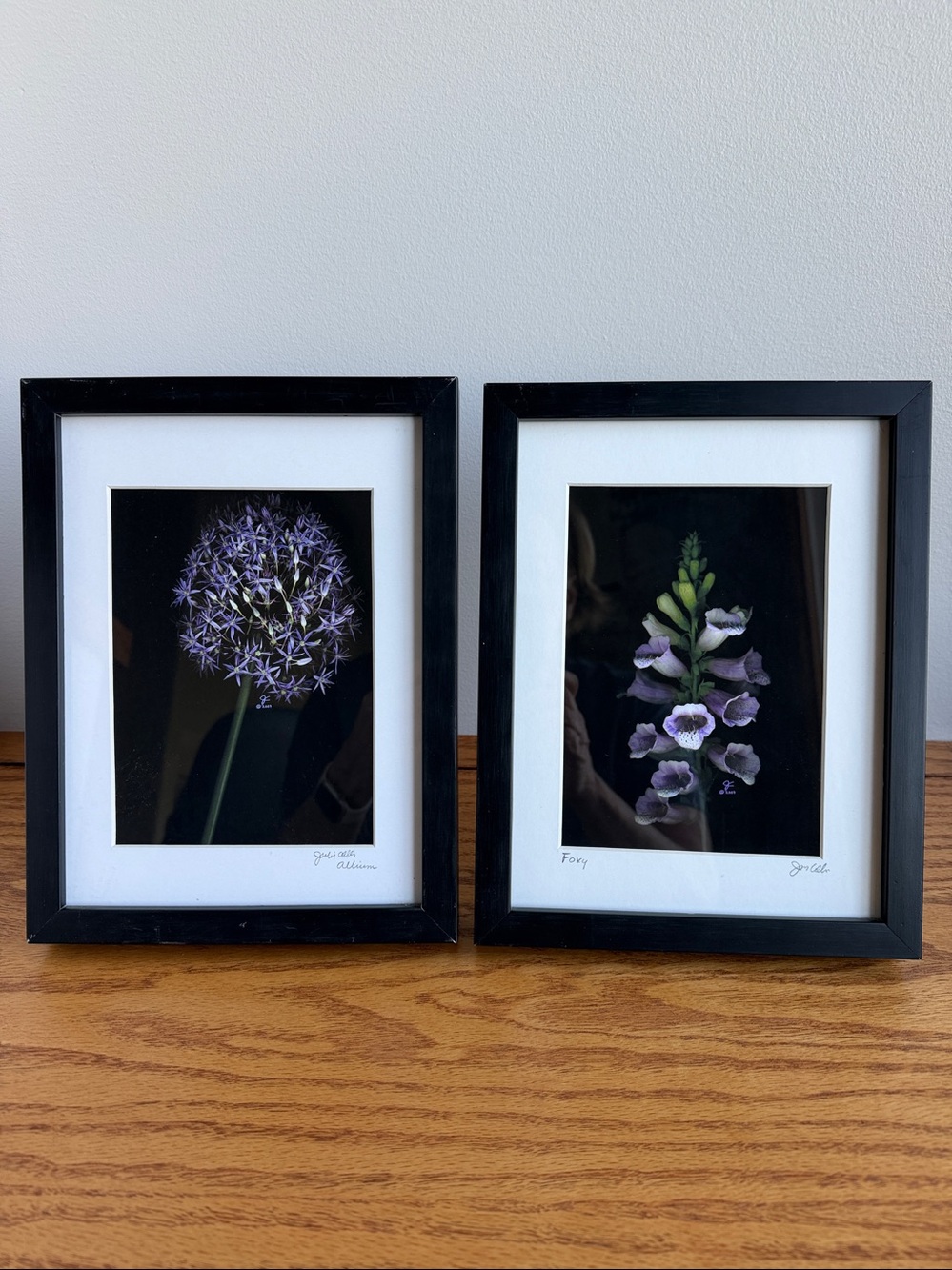 Pair of framed vibrant botanical prints (Allium & Foxglove) signed by artist.